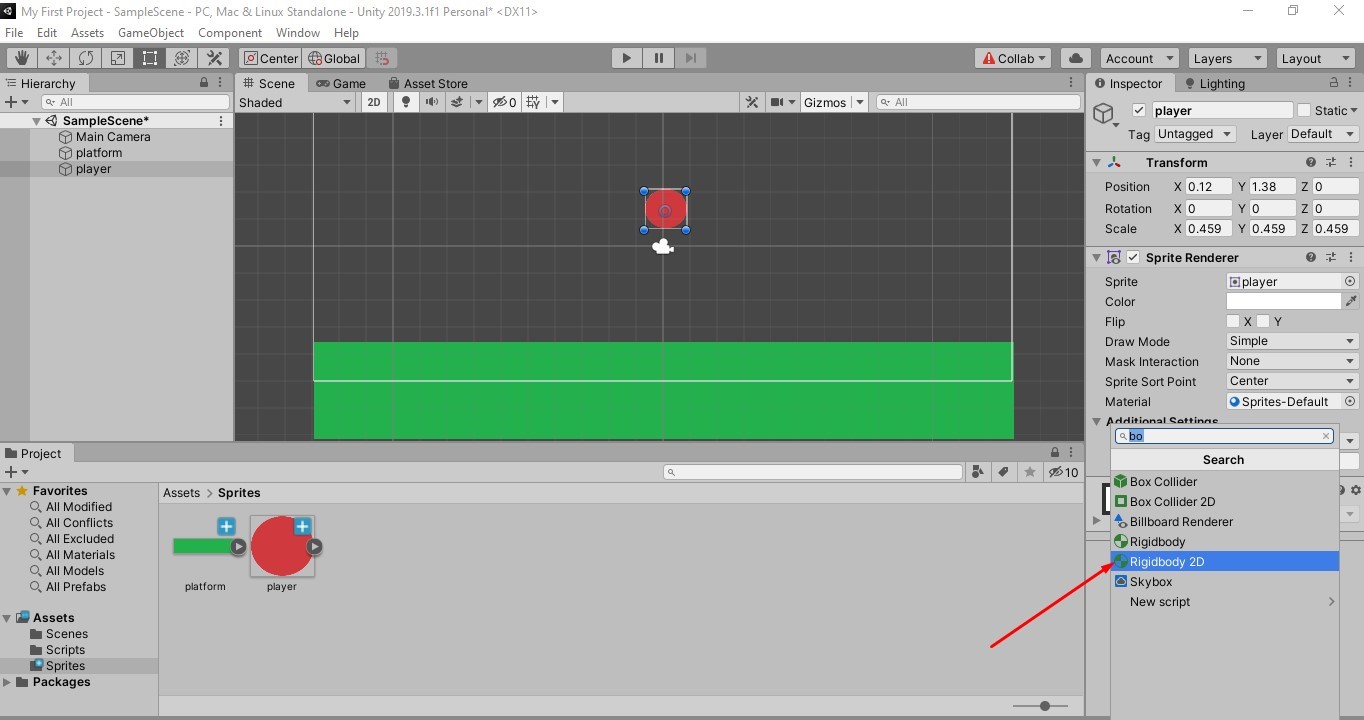 Добавление компонентов на спрайты Unity